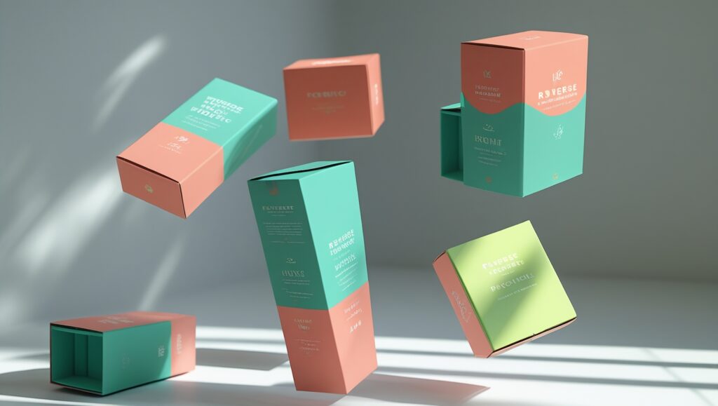 A realistic banner showing Reverse Tuck End packaging boxes