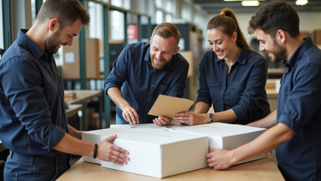 A friendly, professional team working together in a print shop with an offset printer in the background. Focus on collaboration and attention to detail. Smiling staff inspecting printed packaging boxes