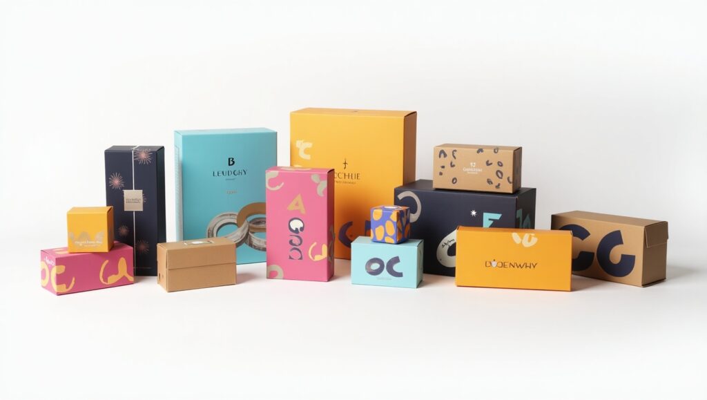 Group of luxury packaging boxes including rigid boxes, mailer boxes, and custom product sleeves. Each with vivid, sharp, colorful offset-printed designs. Clean, retail-style arrangement on a white or light background.