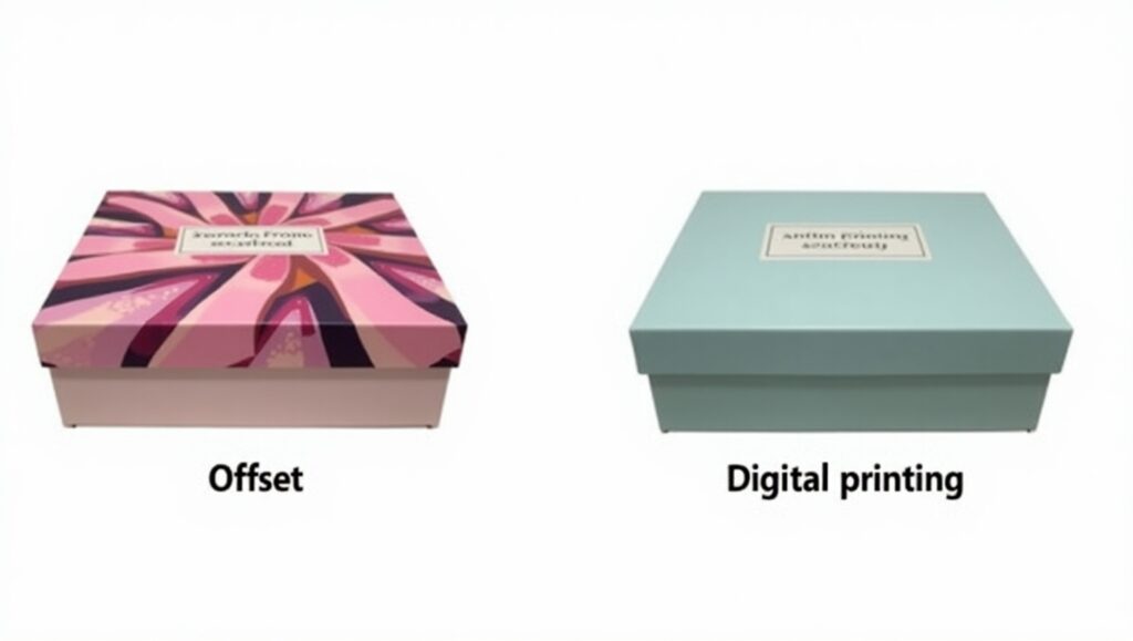 Side-by-side comparison: On the left, a luxury box printed using offset printing with sharp, vibrant colors. On the right, a similar box printed using digital printing with slightly duller colors. Clean white background with clear labeling: "Offset" and "Digital.